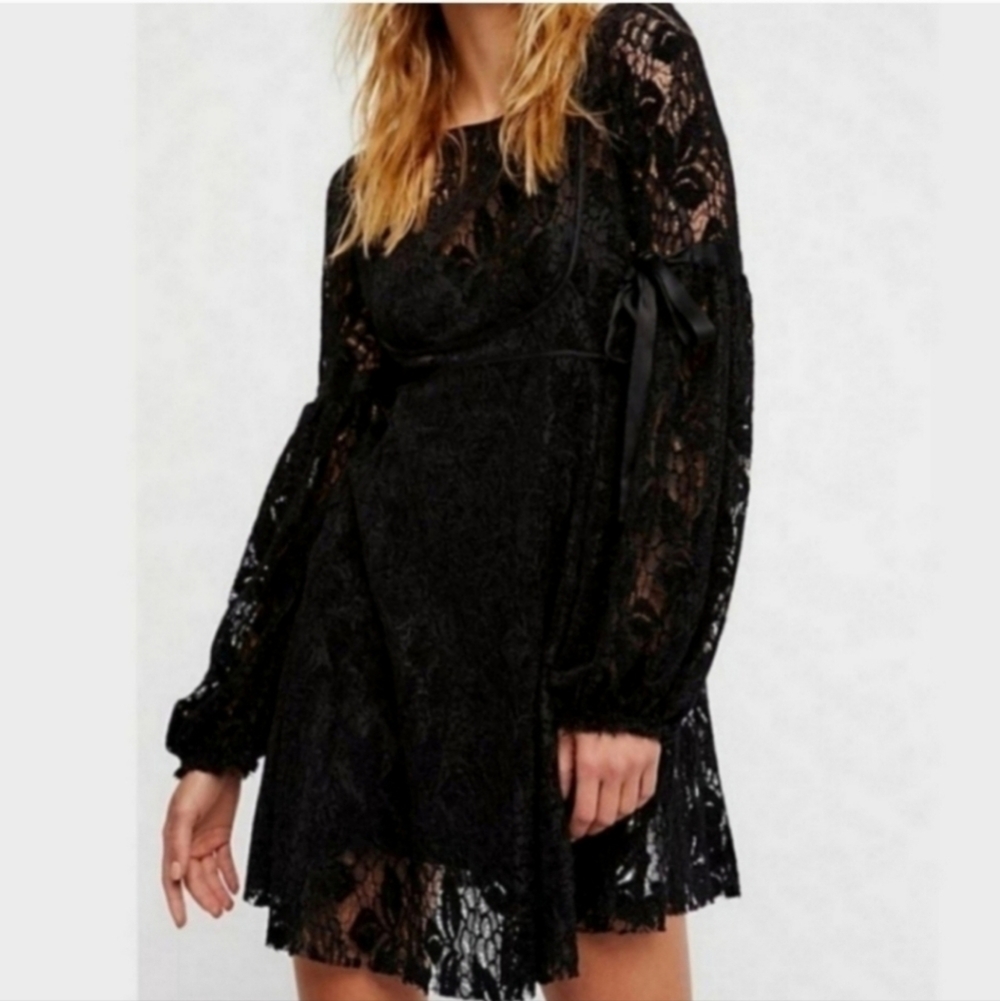 Free People Ruby Black Crochet Lace Ribbon Bow Tie Sleeve Sheer Mini Dress